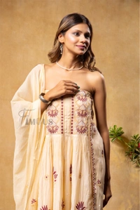 Beige Chikankari and Zardozi Semi-Stitched Gown With Dupatta - Beige, Semi Stiched