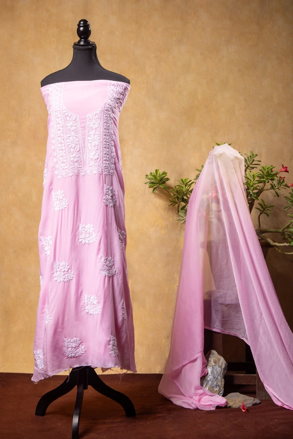 Pink Modal Chikankari Unstiched Dress Material - Unstiched, Pink