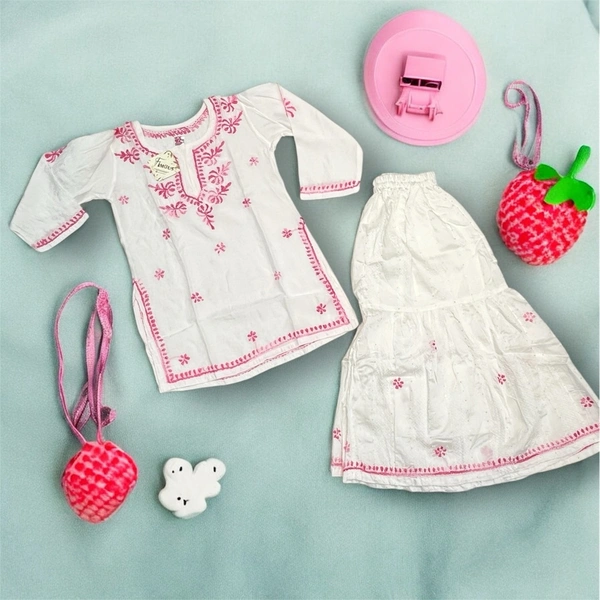 Kids Chikankari Kurti Gharara Set(Pink) - White, 30