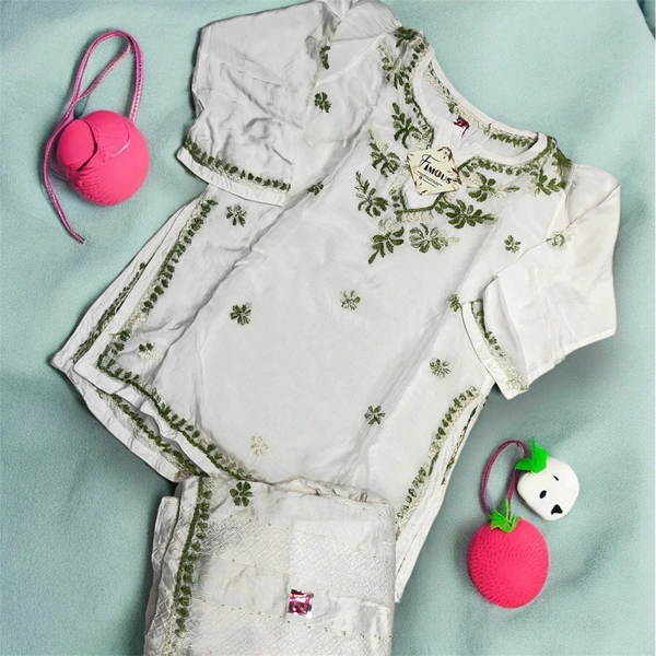 Kids Chikankari Kurti Gharara Set(Mehndi) - White, 20