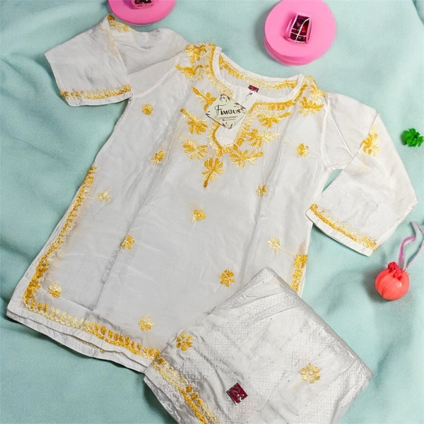 Kids Chikankari Kurti Gharara Set(Yellow) - White, 26