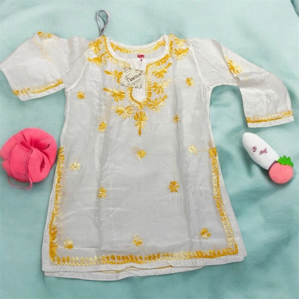Kids Chikankari Kurti Gharara Set(Yellow) - White, 26