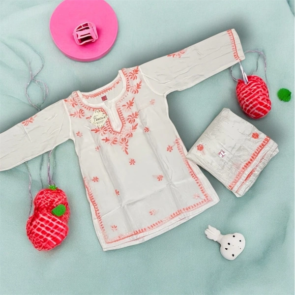 Kids Chikankari Kurti Gharara Set(Peach) - White, 22