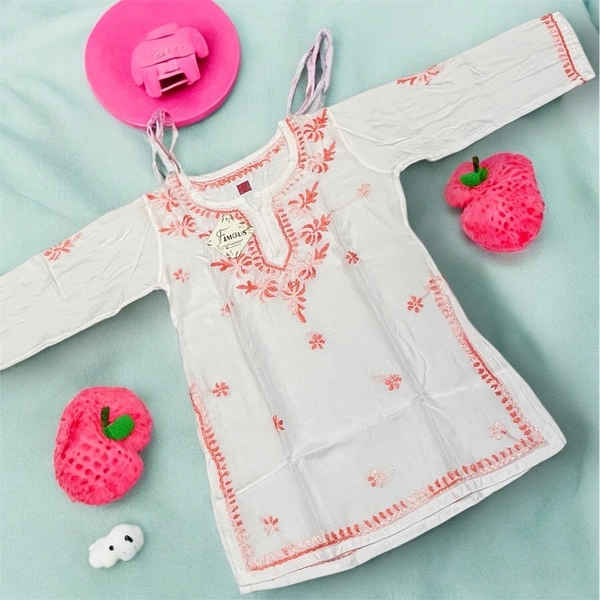Kids Chikankari Kurti Gharara Set(Peach) - White, 22