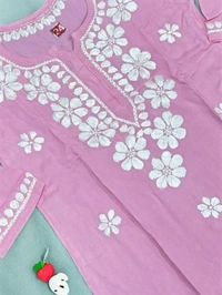 Pink Reyon Chikankari Kids Dress - 18, Pink