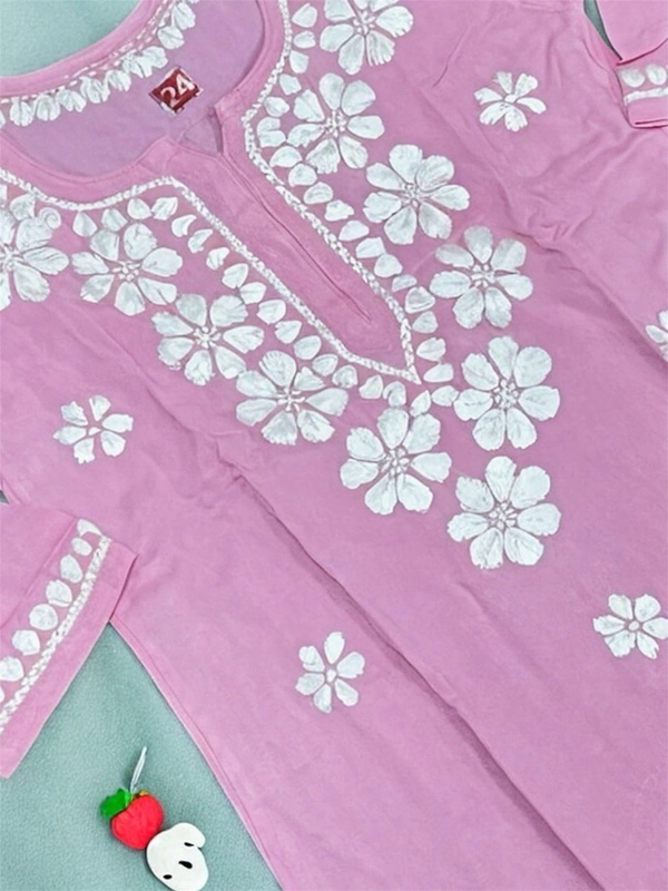 Pink Reyon Chikankari Kids Dress - 18, Pink