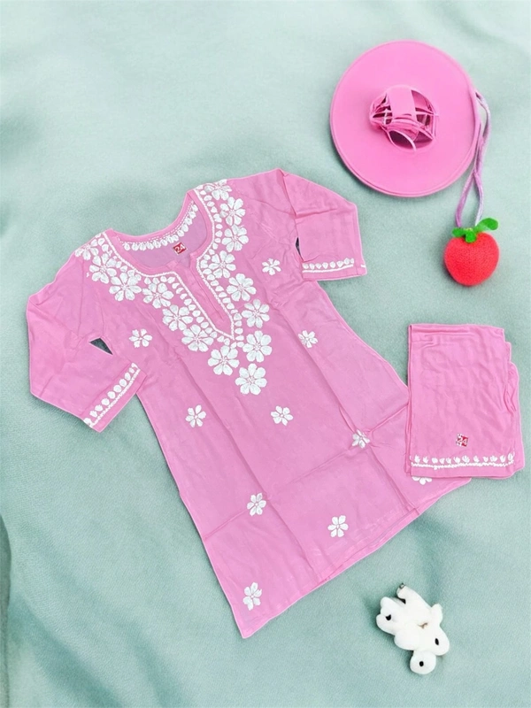 Pink Reyon Chikankari Kids Dress - 30, Pink
