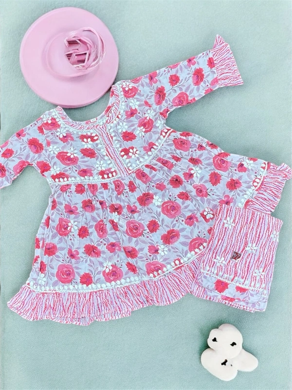 Kids Chikankari  Co-ord Sets In Mulmul Print(Carrot Pink) - Carrot Pink, 36