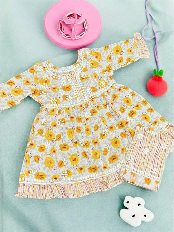 Kids Chikankari  Co-ord Sets In Mulmul Print(Mustard Yellow) - 24, Mustard Yellow