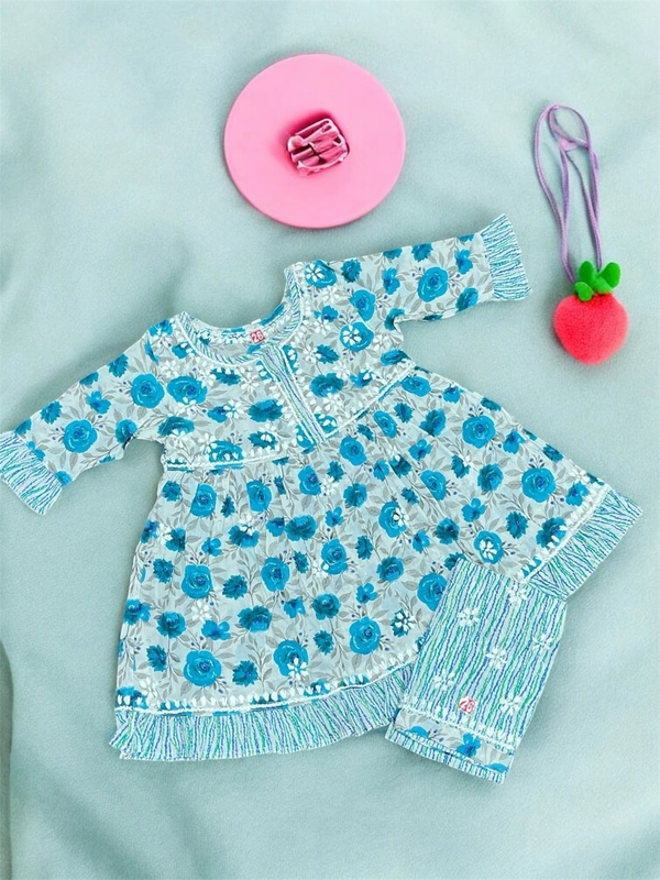 Kids Chikankari  Co-ord Sets In Mulmul Print(Dark Blue) - 30, Dark Blue