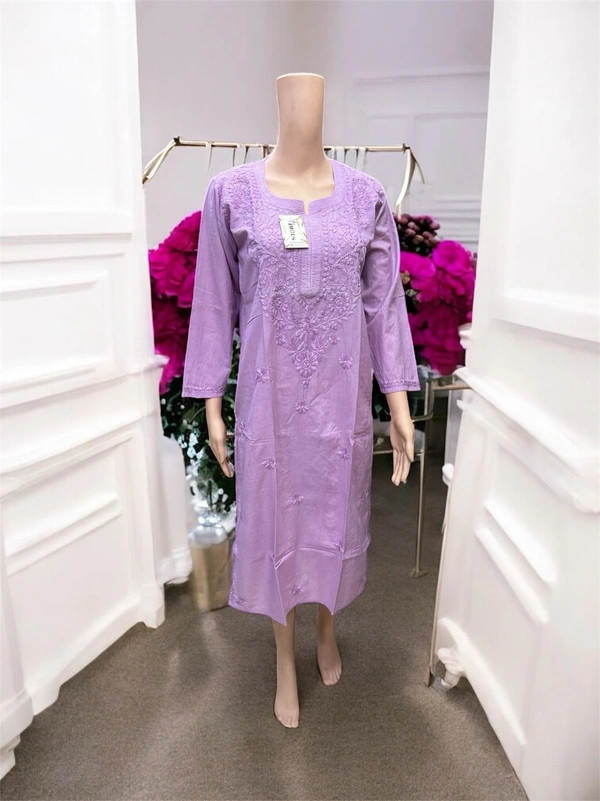 Purple Chikankari Kurti in Soft Mul Cotton - Purple, L(40)