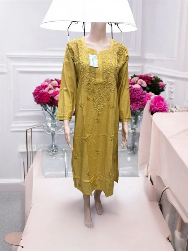 Mustard Chikankari Kurti in Soft Mul Cotton - Mustard, 2XL(44)