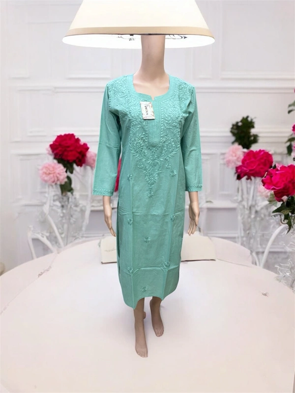 Mint Green Chikankari Kurti in Soft Mul Cotton - M(38), Mint Green