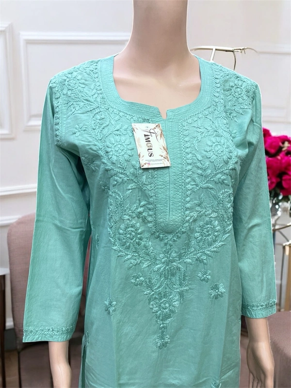 Mint Green Chikankari Kurti in Soft Mul Cotton - M(38), Mint Green
