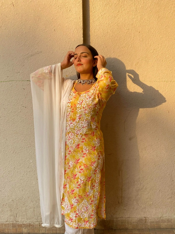Modal Print Chikankari Straight Long Kurti - Mustard Yellow, XL(42)