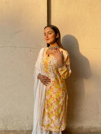 Modal Print Chikankari Straight Long Kurti - Mustard Yellow, XL(42)