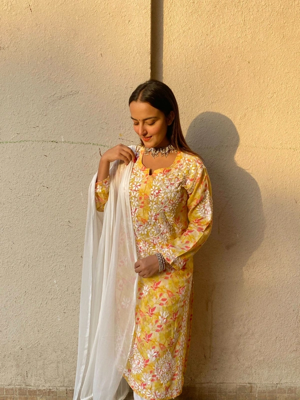 Modal Print Chikankari Straight Long Kurti - Mustard Yellow, XL(42)