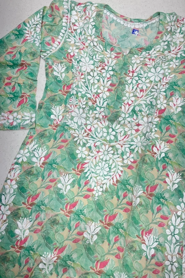 Modal Print Chikankari Straight Long Kurti - Green, M(38)