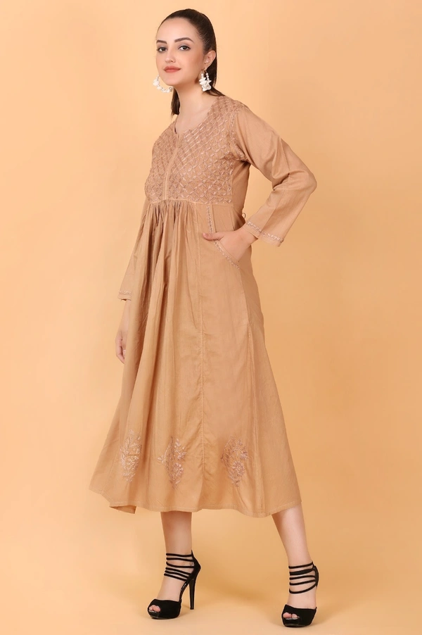 Dark Beige Chikankari Gown Pocket Style