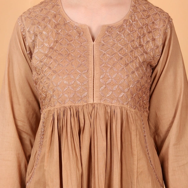 Dark Beige Chikankari Gown Pocket Style - Dark Beige, M(38)