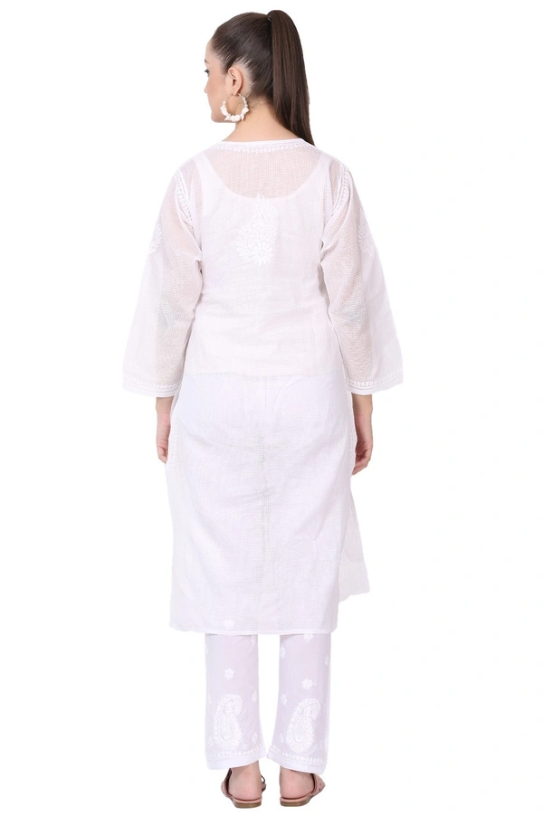 Chikankari Long Kurti In Kota Cotton - White, L(40)