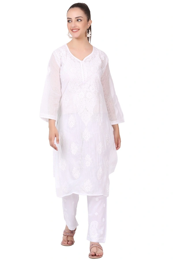 White Chikankari Long Kurti In Kota Cotton - White, L(40)
