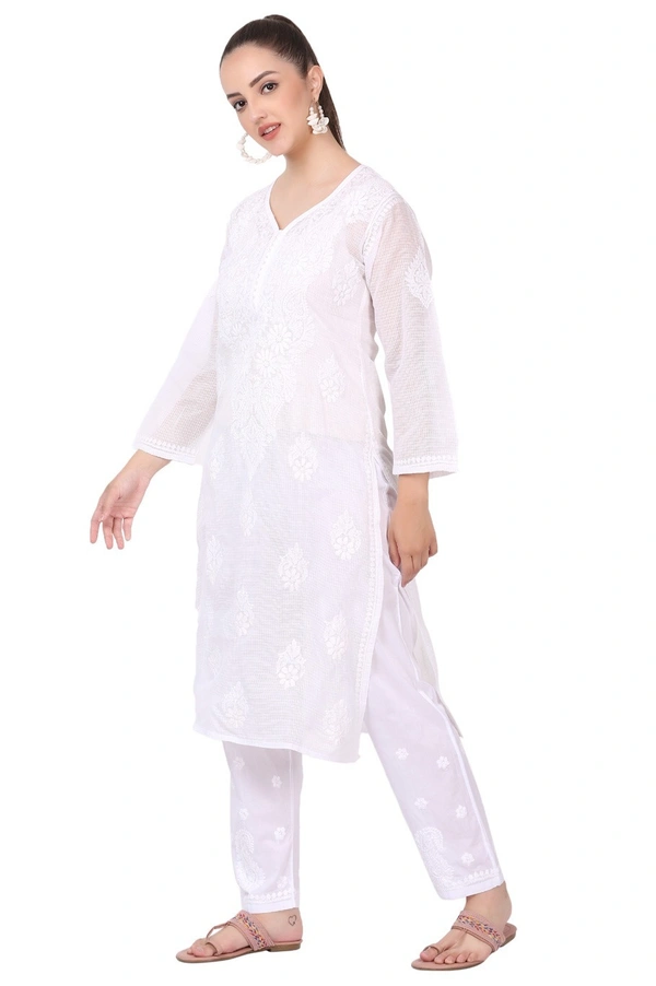 White Chikankari Long Kurti In Kota Cotton - White, L(40)