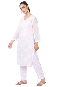 Chikankari Long Kurti In Kota Cotton - White, L(40)