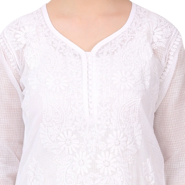 White Chikankari Long Kurti In Kota Cotton - White, L(40)