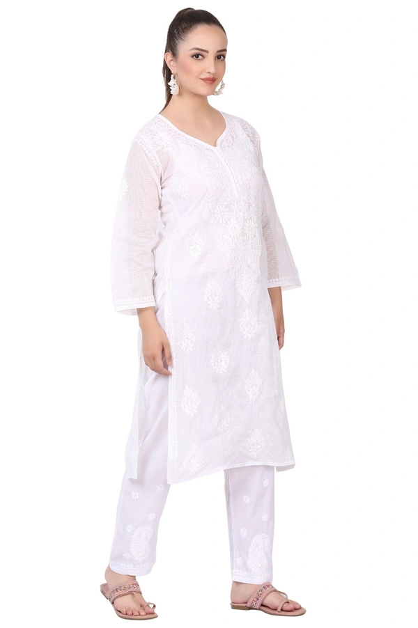 Chikankari Long Kurti In Kota Cotton - White, M(38)