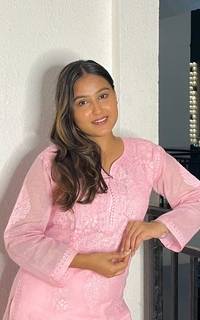 Peach Chikankari Long Kurti In Kota Cotton - Peach, L(40)