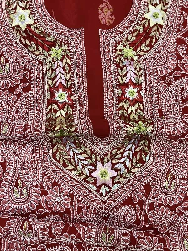 Red Chikankari Unstiched Suit