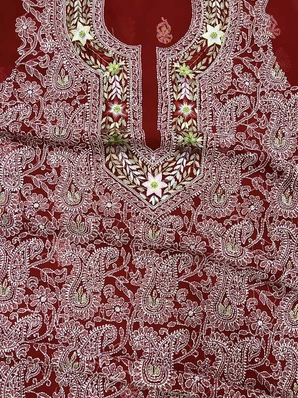 Red Chikankari Unstiched Suit - Red, Unstiched