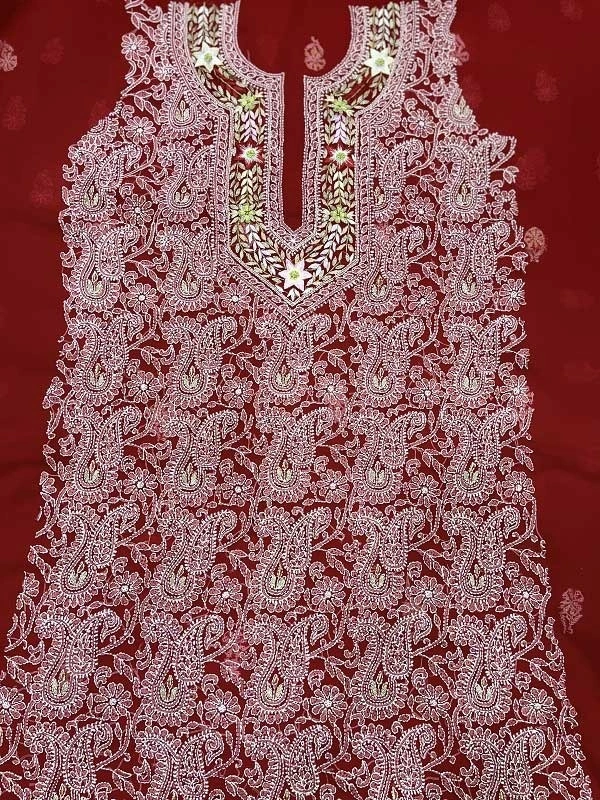 Red Chikankari Unstiched Suit - Red, Unstiched