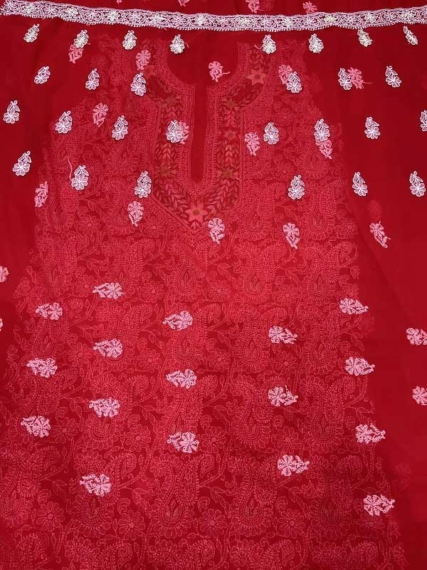 Red Chikankari Unstiched Suit - Red, Unstiched