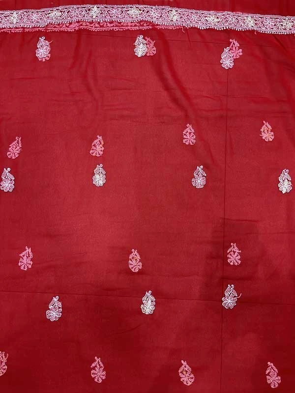 Red Chikankari Unstiched Suit - Red, Unstiched