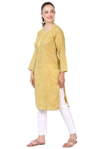 Mustard Chikankari Kurti in Mul Cotton - Mustard, L(40)