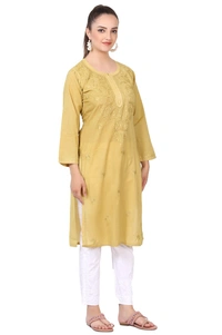 Mustard Chikankari Kurti in Mul Cotton - Mustard, L(40)