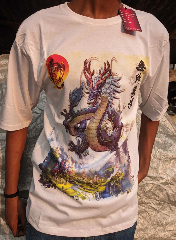 Dragon printed baggy t-shirt - White, XL