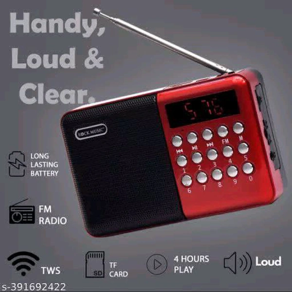 Pocket FM Radio Portable Multimedia Speaker With Powerful Torch USB AUX And SD Card Input 12 Hours Playback Digital Clock External FM Antenna (Red)