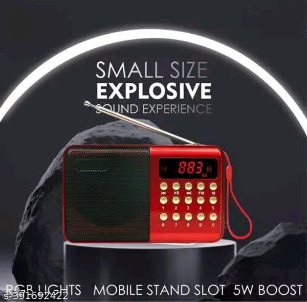 Pocket FM Radio Portable Multimedia Speaker With Powerful Torch USB AUX And SD Card Input 12 Hours Playback Digital Clock External FM Antenna (Red)