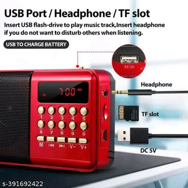 Pocket FM Radio Portable Multimedia Speaker With Powerful Torch USB AUX And SD Card Input 12 Hours Playback Digital Clock External FM Antenna (Red)