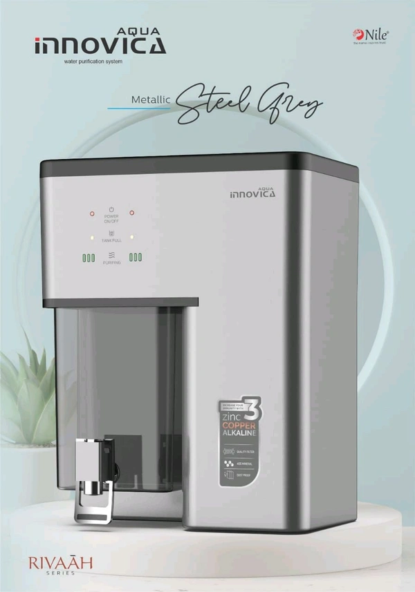 AQUA INNOVICA RO WATER PURIFIER | RO+COPPER, ALKALINE B12 & ZINC+ UV+TDS CONTROLLER - STEEL GREY (RIVAH SERIES)