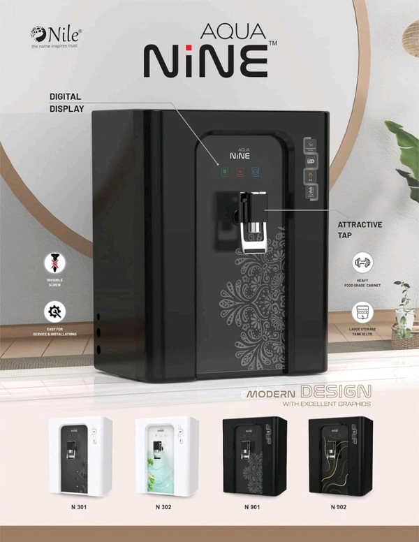 AQUA NINE R.O WATER PURIFIER | RO+COPPER, ALKALINE B12 WITH ZINC +UV+ TDS CONTROLLER - BLACK - FLOWER DESIGN