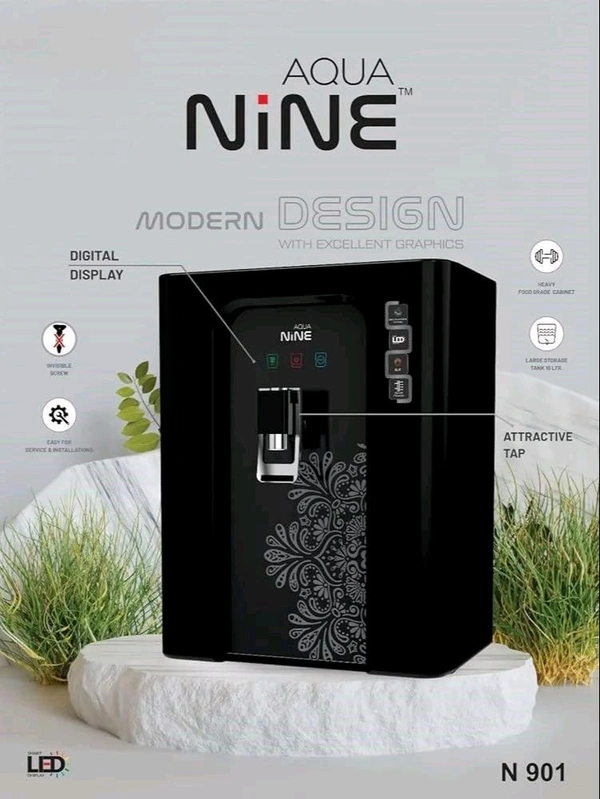 AQUA NINE R.O WATER PURIFIER | RO+COPPER, ALKALINE B12 WITH ZINC +UV+ TDS CONTROLLER - BLACK - FLOWER DESIGN