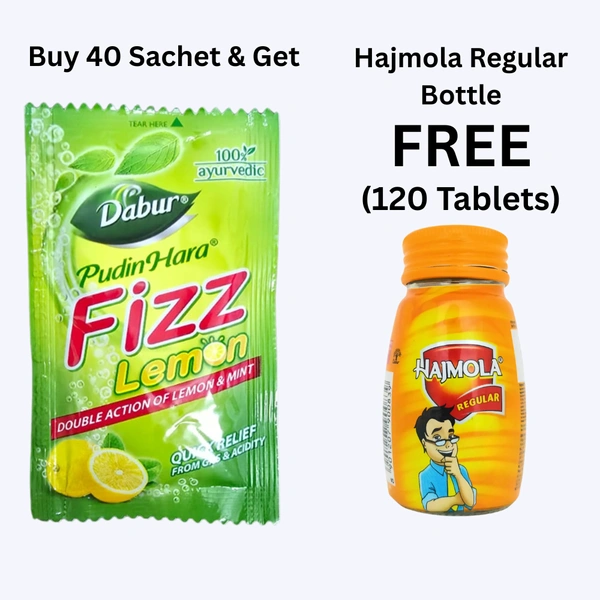 Dabur Pudin Hara Fizz (Lemon) 40 Sachet + Hajmola Regular Bottle (120tab) Free