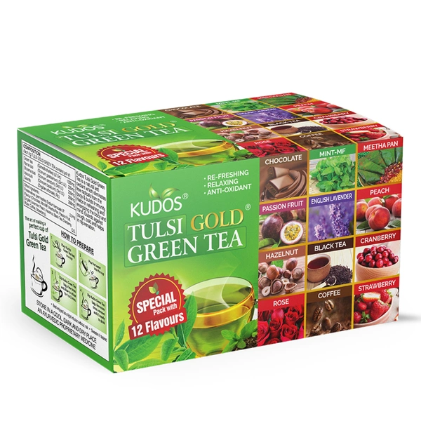 Kudos Tulsi Gold Green Tea With 12 Flavours (24 Tea Bags)