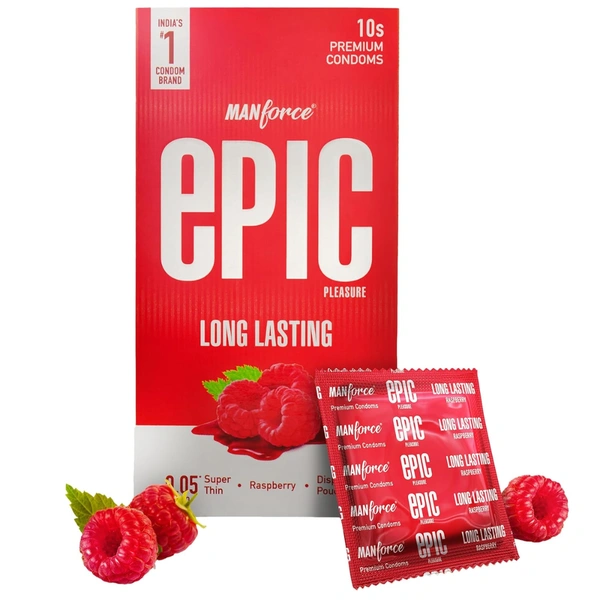Mankind Pharma Epic Pleasure Long Lasting Premium Condoms Raspberry Flavour Disposable Pouch 10'S