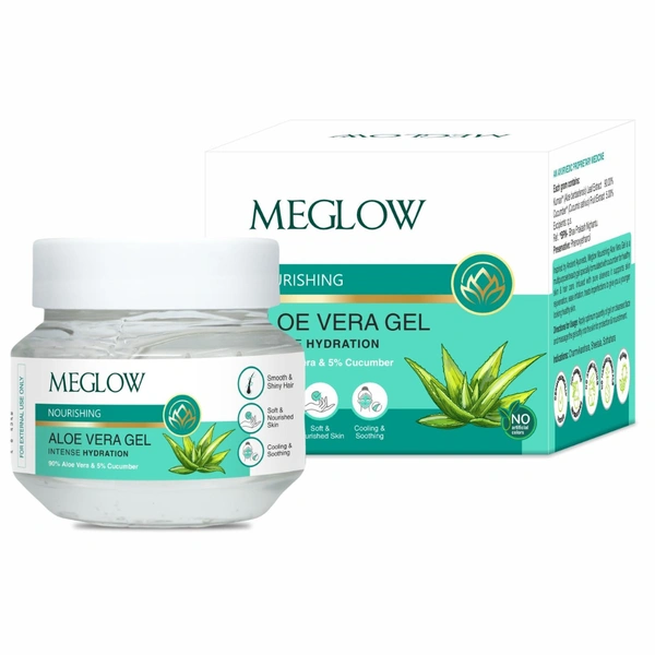 Leeford Meglow Aloevera Gel with 90% Aloevera & 5% Cucumber Ext. | For Face, Skin & Hair | Paraben & Silicon Free - 100g