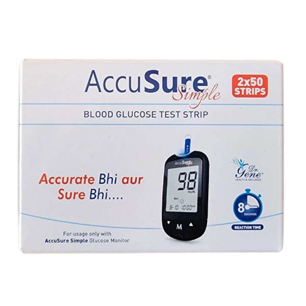 AccuSure Simple Blood Glucose Test (100Strips) - 100 Single Use Test Strips